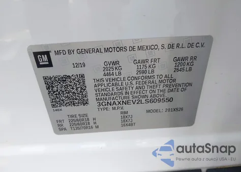 2020 Chevrolet Equinox Fwd Premier 1.5L Turbo z USA, uszkodzony, nr VIN 3GNAXNEV2LS609550